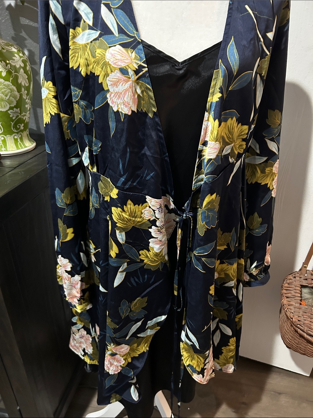 Lulu's Navy Satin Floral Tie-Front Robe with Yellow & Pink Blooms